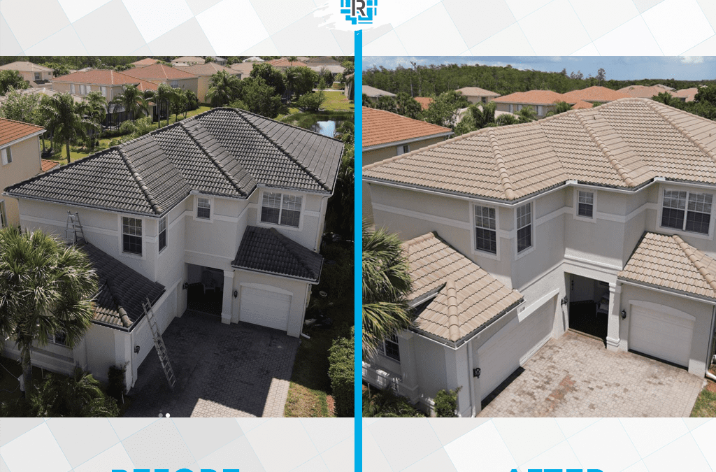 roof wash difference before and after, fort myers florida, concrete tile roof soft wash