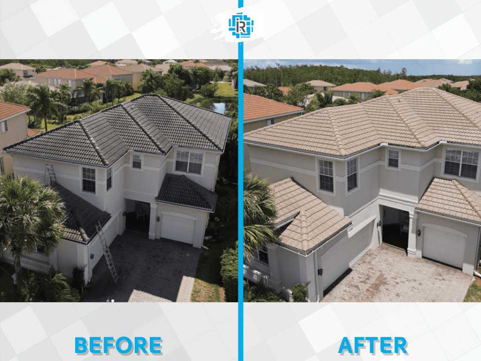 roof wash difference before and after, fort myers florida, concrete tile roof soft wash